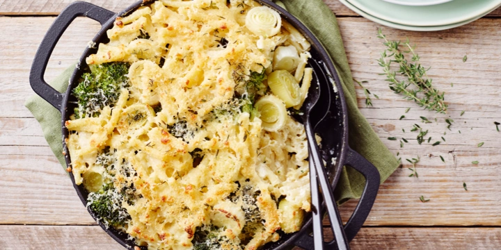 Pastagratin met prei en broccoli